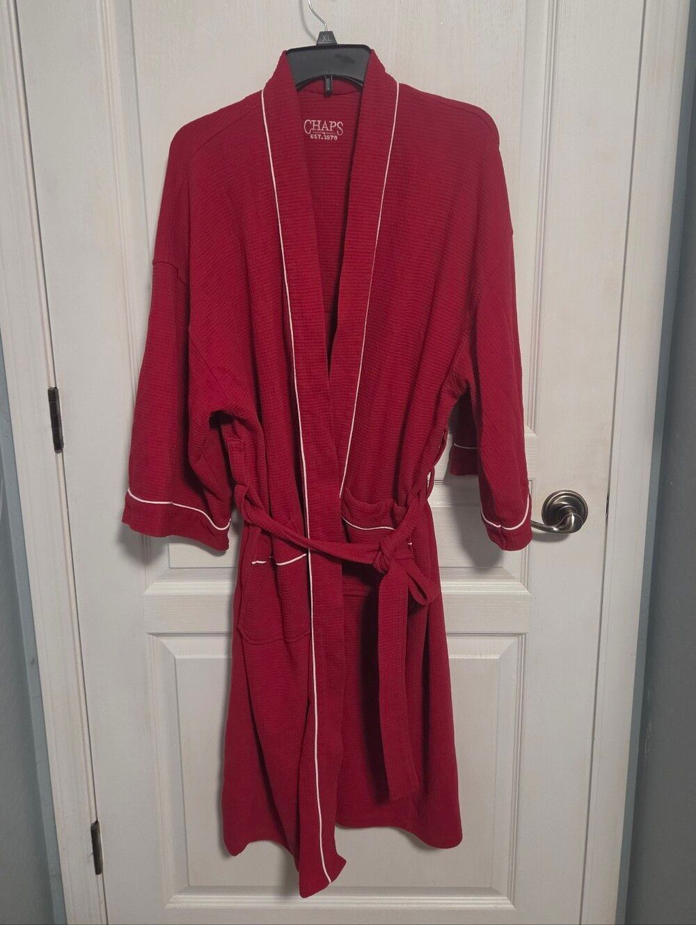 Chaps Waffle Knit Robe Wrap Tie Close Red White Unisex Loungewear Bath One size